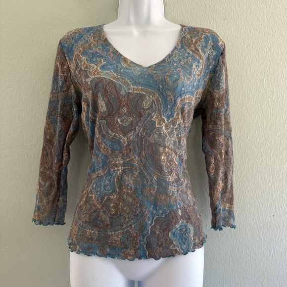 therapy Tops - Therapy Y2K Fairy Top Blue Mesh Paisley Lace 3/4 Sleeve Lettuce Hem Vntg Sz L